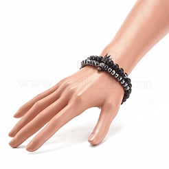 2 pz 2 bracciali elastici in ematite sintetica e pietra nera e ossidiana naturale con teschio in zirconia cubica&nbsp;BJEW-JB08120