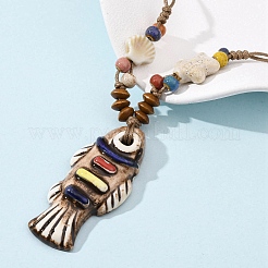 Colliers réglables en cordon ciré avec pendentif en forme de poisson en céramique pour femmes&nbsp;LS-NJEW-B146-01