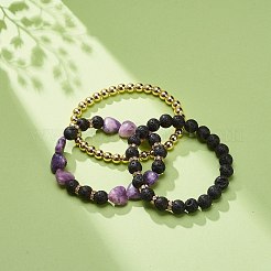3 pièces 3 style coeur pierre de mica violet naturel et roche de lave et hématite synthétique perlé ensemble de bracelets extensibles&nbsp;BJEW-JB08736