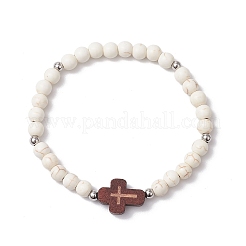 Kreuz synthetische Türkis & Holz runde Perlen Stretch-Armbänder für Männer Frauen&nbsp;BJEW-JB11832-02
