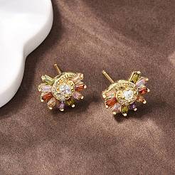 Pendientes de botón con forma de sol y circonitas cúbicas micropavé de latón&nbsp;EJEW-F400-10G