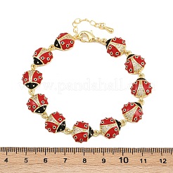Messing-Mikropflaster-Armbänder mit klaren Zirkonia und Emaille-Gliederketten in Form eines roten Marienkäfers für Damen&nbsp;BJEW-L707-02G