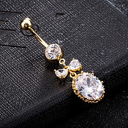 Piercing Jewelry, Brass Cubic Zirconia Navel Ring, Belly Rings, with Surgical Stainless Steel Bar, Cadmium Free & Lead Free, Golden, Oval, Clear, 46x12mm, Bar: 15 Gauge(1.5mm), Bar Length: 3/8