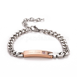 Rectangle avec mot bracelet à maillons true love avec strass, placage sous vide 304 bijoux en acier inoxydable pour hommes femmes, or et la couleur de l'acier inoxydable rose, 7-5/8 pouce (19.4 cm)