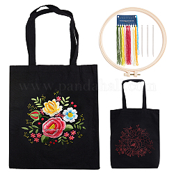 DIY-Stickerei-Kit für Einkaufstaschen mit Blumenmuster, inklusive Sticknadeln und Garn, Stoffbeutel aus Baumwolle, Kunststoff-Stickrahmen, Schwarz, 615 mm