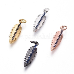 Brass Micro Pave Cubic Zirconia Pendants, with Jump Rings, Feather, Blue, Mixed Color, 22x7x3.5mm, Hole: 3mm