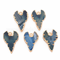Natürliche Achat Anhänger, mit leicht vergoldeten Eisenfunden, gefärbt und erhitzt, Herz, dunkles Schieferblau, 27.5~31x20~21x5~6.5 mm, Bohrung: 2 mm