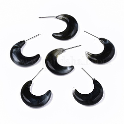 Transparent Resin Half Hoop Earrings, Crescent Moon Stud Earrings, Imitation Gemstone Style, with Stainless Steel Pins, Black, 20x5.5mm, Pin: 0.7mm
