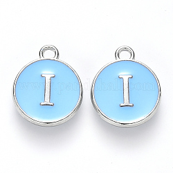 Platinum Plated Alloy Enamel Charms, Cadmium Free & Lead Free, Enamelled Sequins, Flat Round with Letter, Sky Blue, Letter.I, 14x12x2mm, Hole: 1.5mm