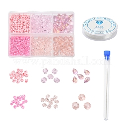 DIY Pink Series Jewelry Making Kits, 620Pcs Glass Seed Round & Rondelle Beads, 80Pcs Imitation Austrian Crystal Bicone Beads, 20Pcs Teardrop Glass Charms, Test Tube, Needles, Elastic Crystal Thread, Mixed Color, Beads: 700pcs/set