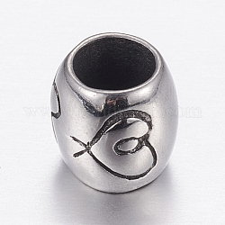 304 Stainless Steel European Beads, Large Hole Beads, Barrel with Heart and Flower, Antique Silver, 8x8mm, Hole: 5mm