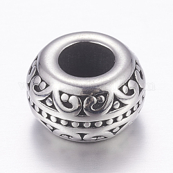 304 Stainless Steel European Beads, Large Hole Beads, Rondelle, Antique Silver, 12x7mm, Hole: 5mm