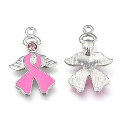 Ruban rose de sensibilisation au cancer du sein d'octobre, avec pendentifs en émail en alliage d'aile d'ange, avec strass, perle rose, 23.5x15x2mm