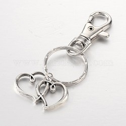Porte-clés en alliage coeur à coeur, avec les principaux anneaux de fer, argent antique, 80mm