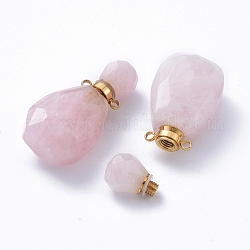 Faceted Natural Rose Quartz Openable Perfume Bottle Pendants, with Golden Tone 304 Stainless Steel Findings, 36.5~37x18~18.5x13.5mm, Hole: 1.8mm, Bottle Capacity: 1ml(0.034 fl. oz)