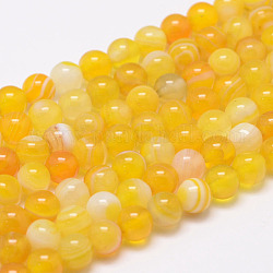 Chapelets de perles en agate rayée naturelle/agate à bandes, ronde, Grade a, teints et chauffée, or, 6mm, Trou: 1mm, Environ 62~63 pcs/chapelet, 14.5 pouce