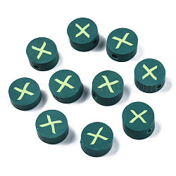 Manuell Polymer Ton Perlen, flach rund mit Alphabet, dunkelgrün, letter.x, 9x3.5~5 mm, Bohrung: 1.6 mm