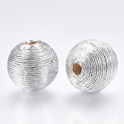 Perles de bois recouvertes de fil de cordon polyester, ronde, couleur d'argent, 12~13x12~12.5mm, Trou: 1.5~2mm