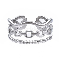 304 Stainless Steel Cable Chain Open Cuff Ring, Chunky Hollow Ring for Women, Stainless Steel Color, US Size 7(17.3mm)