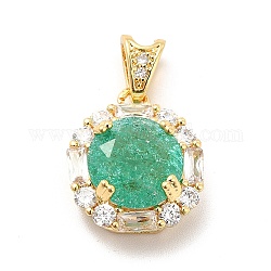 Brass Micro Pave Clear Cubic Zirconia Pendants, with Faceted Glass, Flat Round, Real 18K Gold Plated, Medium Aquamarine, 16.5x14x7mm, Hole: 5x2.5mm