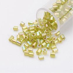 11/0 Two Cut Round Hole Glass Seed Beads, Hexagon, Silver Lined, Rainbow Plated, Green Yellow, 2x2mm, Hole: 0.5mm, about 41000pcs/pound