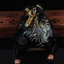Атласные упаковочные мешочки для ювелирных изделий в китайском стиле с цветочным узором, подарочные пакеты на шнуровке, прямоугольные, чёрные, 14x11 см