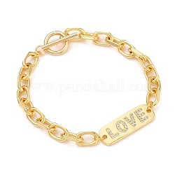 Brass Micro Pave Clear Cubic Zirconia Link Bracelets, for Valentine's Day, with 304 Stainless Steel Toggle Clasps, Rectangle with Word Love, Golden, 7-5/8 inch(19.5cm)