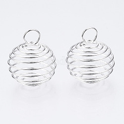 Pendentifs en fil de fer, pendentifs de cage de perle en spirale, ronde, couleur d'argent, 28~30x24~25mm, Trou: 6mm