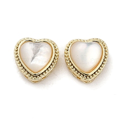 Brass Hollow Heart Beads with Natural White Shell, Real 14K Gold Plated, 7x7x4.5mm, Hole: 1.2mm