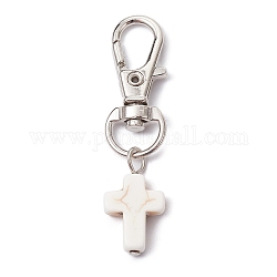 Synthetic Turquoise Cross Pendant Decorations, with Alloy Swivel Lobster Claw Clasps, White, 50mm
