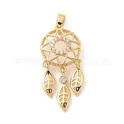 Brass Micro Pave Cubic Zirconia Pendants, Long-Lasting Plated, Woven Net/Web with Feather , Golden, 32x14x5.5mm, Hole: 5x3mm