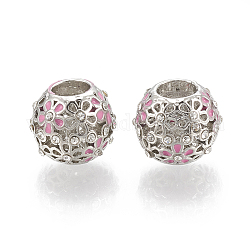Alloy Enamel European Beads, with Rhinestone, Hollow, Large Hole Beads, Rondelle with Flower, Platinum, 11.5x9.5mm, Hole: 5mm