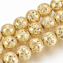 Fili di perle di roccia lavica naturale elettrodeposta, tondo, accidentato, oro placcato, 4~5mm, Foro: 1 mm, circa 89pcs/filo, 15.7 pollice
