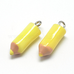 Colgantes de la resina, con fornituras de hierro, lápiz de color, amarillo, 23~25x7.5mm, agujero: 1.8 mm