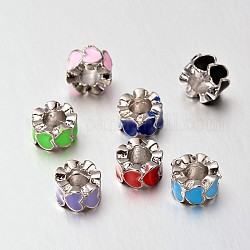 Perles européennes d'émail avec grand trou en alliage, colonne avec le coeur, platine, couleur mixte, 10.5x6.5mm, Trou: 5.5mm
