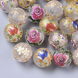 Perline in resina stampata, smerigliato, tondo con motivo floreale, chiaro, 17mm, Foro: 2 mm