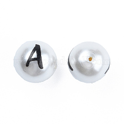 Abalorios de imitación de plástico ABS, con impreso, redonda con la letra, letter.a, 10mm, agujero: 1 mm