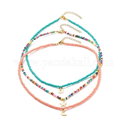 Moon & Star & Padlock Pendant Necklaces Set, Candy Color Glass Seed Beads Stackable Necklaces for Women, Golden, Mixed Color, 16.06 inch(40.8cm), 3pcs/set
