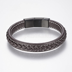 Braided Leather Cord Bracelets, with 304 Stainless Steel Magnetic Clasps, Coconut Brown, 8-5/8 inch(220mm), 36x13x8mm