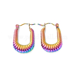 Ion Plating(IP) 304 Stainless Steel Rectangle Hoop Earrings, Croissant Earrings for Women, Rainbow Color, 24x15.5x4mm, Pin: 0.6mm