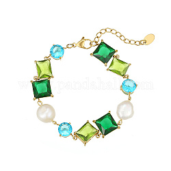 Pulseras de cadena con eslabones cuadrados y perlas de imitación de acero inoxidable, verde, 5-7/8 pulgada (15 cm)