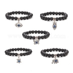 Bracelet extensible à perles rondes en pierre de lave naturelle, breloque en alliage avec bracelet mauvais œil en résine pour femme, noir, diamètre intérieur: 2-1/4 pouce (5.6 cm)