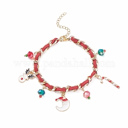 Bracelet à breloques en alliage de canne de bonbon de Noël, de rennes et de lune avec des perles de verre, bracelet avec gourmettes en aluminium pour femme, or, rouge, 7-1/2 pouce (19 cm)