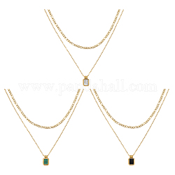ANATTASOUL 3Pcs 3 Colors Golden Titanium Steel Cable & Figaro Chains Double Layer Necklace, Natural Shell Rectangle Charms Necklace for Women, Mixed Color, 15.94 inch(40.5cm), 1pc/color