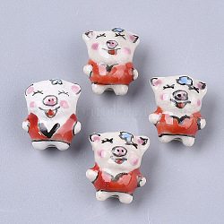 Perles en porcelaine manuelles, famille rose de style, cochon dessin animé avec des vêtements, rouge-orange, 17~19x14~15.5x11.5mm, Trou: 1.4~2mm