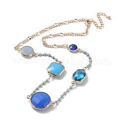Collier pendentif rond plat en verre bleu avec chaînes en laiton, or clair, 15.75 pouce (400 mm)