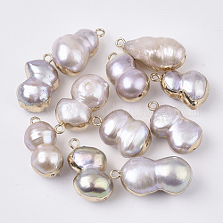 Pendentifs de perles d'eau douce de culture naturelle, avec demi-trou et boucle en laiton, bord plaqué, calebasse, or, chardon, 19.5~26x9~14.5x8~12mm, Trou: 1.8mm, demi-trou: 0.9 mm