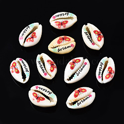 Perle di conchiglia naturale stampate, Senza Buco, motivo a farfalla e parola sogno, rosso, 18~23x13~16x7~8mm