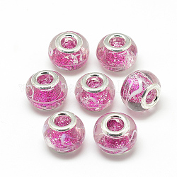Perles européennes vernissées manuelles, avec de la poudre de paillettes à l'intérieur et des doubles cœurs en laiton, Perles avec un grand trou   , rondelle, platine, magenta, 13.5~14.5x10~11mm, Trou: 5mm