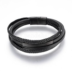 Bracelets multi-brins tressés en microfibre avec cordon en cuir PU, avec fermoirs magnétiques en 304 acier inoxydable, gunmetal, 8-1/4 pouce (21 cm), 4~5mm